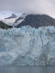 Closer view of Meares Glacier. Note that the face is 250 feet tall, which means that this picture captures about 300 feet of the middle section of the glacier