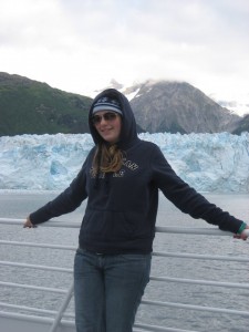 Chelsi in front of the Meares Glacier