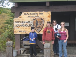 Nathan, Nick, Kari, and Chelsi at Wonder Lake. This is as far into the park that the park busses go. Teklanika Campground is at mile 29, so we rode 56 miles on the park bus to get here.